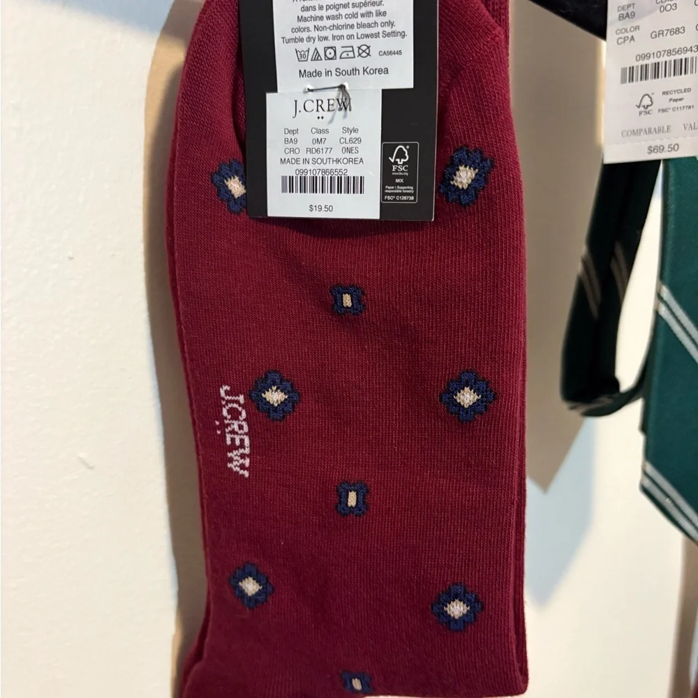 J. Crew Green and White Striped Tie, Burgundy/Navy/Hold Striped Tie, and socks